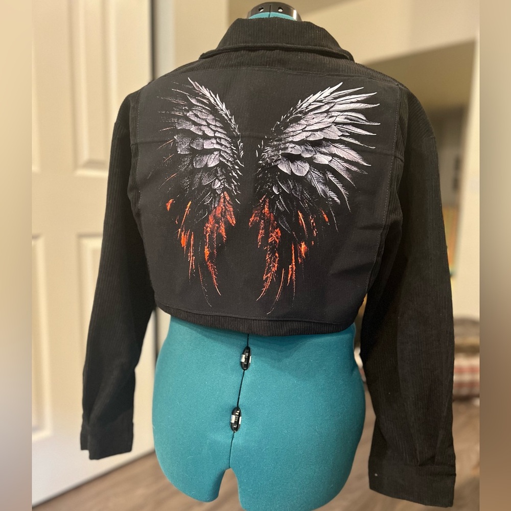 Upcycled Fiery Wings cropped cord jacket sz S